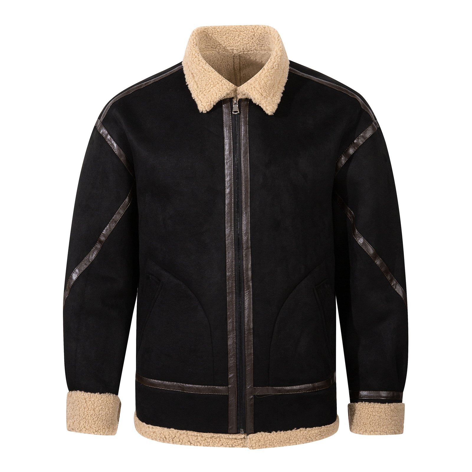 Men's Casual Warm Zipper Pu Leather Parka Stylish Solid Color Turn-Down Collar Cotton Cargo Jacket - Image 2